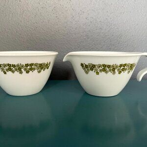 Corelle Creamer Sugar Bowl Spring Blossom Crazy Daisy Vintage Green 4" Diam.